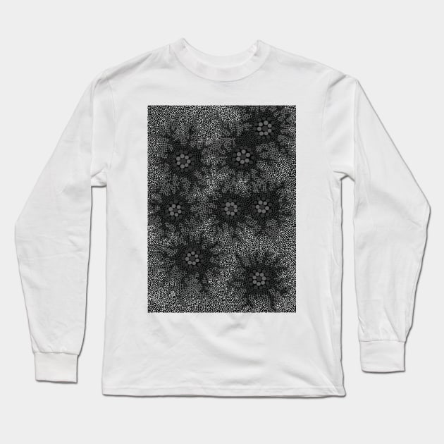 Aboriginal Art - Waterhole Dreaming Black White Long Sleeve T-Shirt by hogartharts